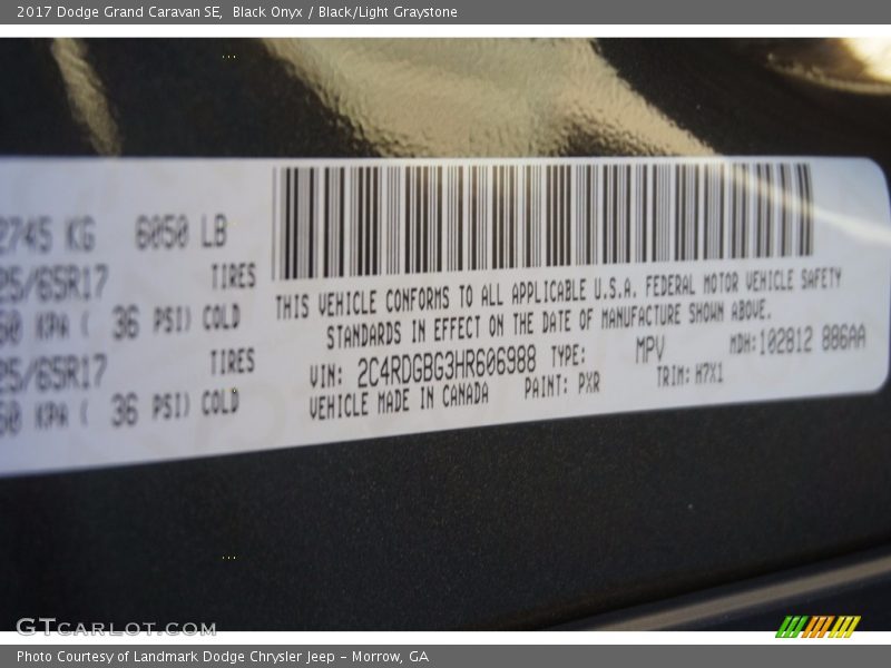 2017 Grand Caravan SE Black Onyx Color Code PXR