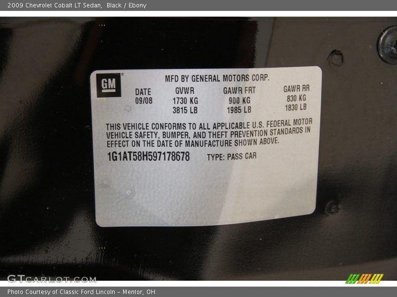 Black / Ebony 2009 Chevrolet Cobalt LT Sedan