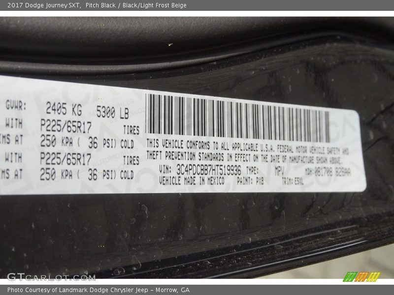 2017 Journey SXT Pitch Black Color Code PX8