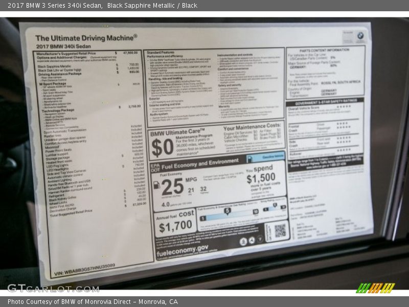  2017 3 Series 340i Sedan Window Sticker