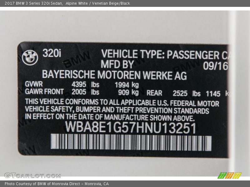 Alpine White / Venetian Beige/Black 2017 BMW 3 Series 320i Sedan