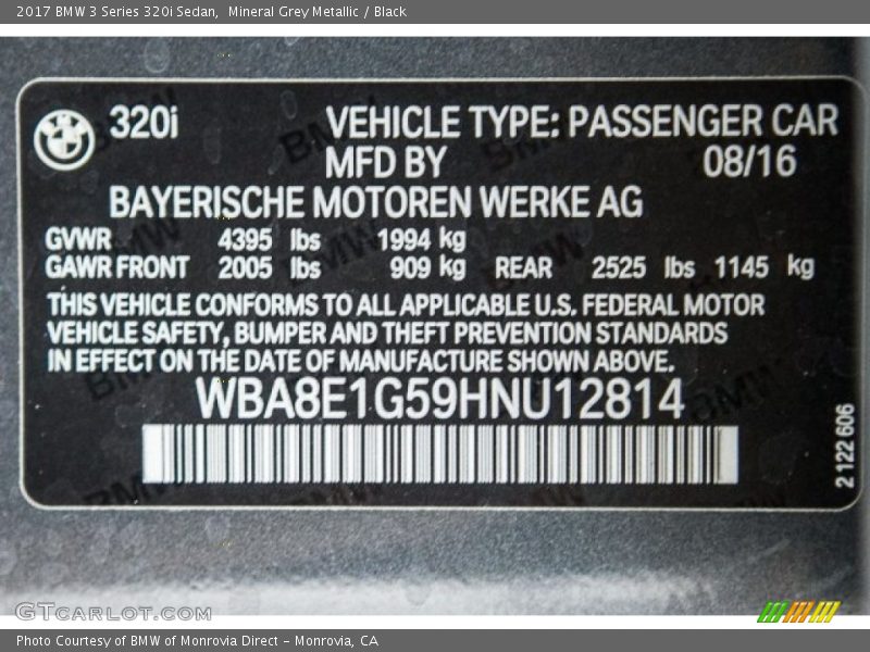 Mineral Grey Metallic / Black 2017 BMW 3 Series 320i Sedan