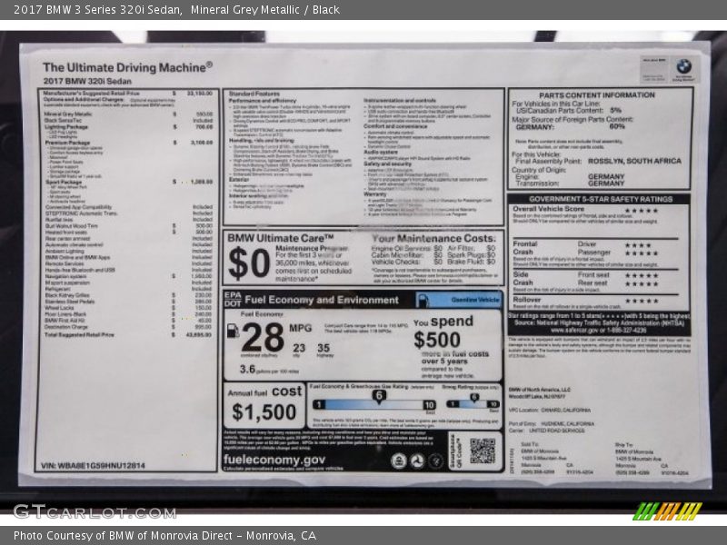  2017 3 Series 320i Sedan Window Sticker