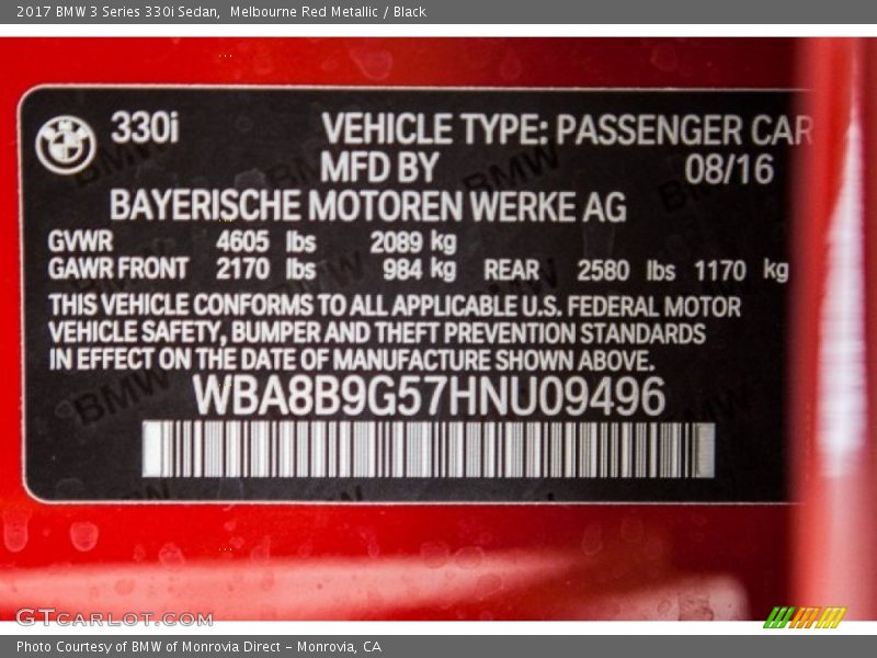 Melbourne Red Metallic / Black 2017 BMW 3 Series 330i Sedan