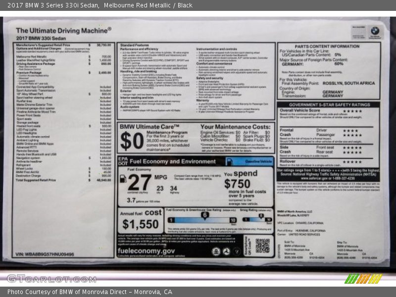  2017 3 Series 330i Sedan Window Sticker