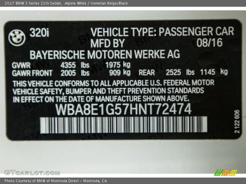 Alpine White / Venetian Beige/Black 2017 BMW 3 Series 320i Sedan