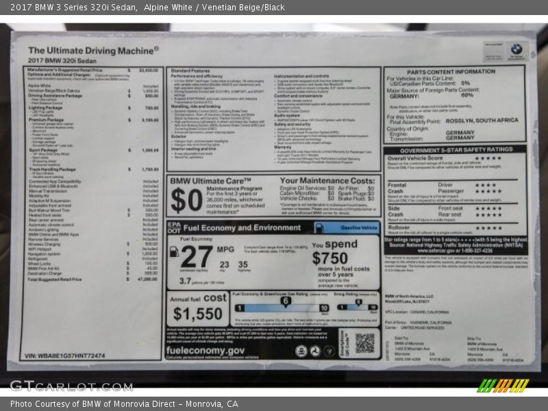  2017 3 Series 320i Sedan Window Sticker