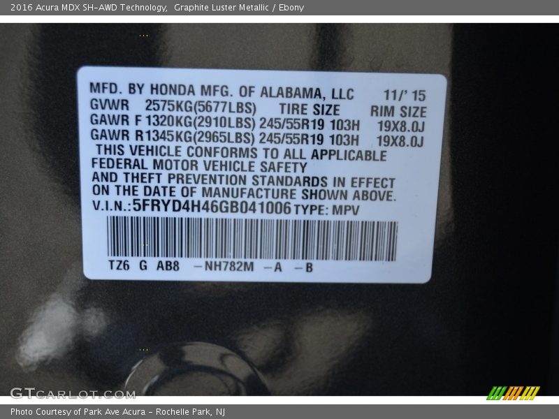 Graphite Luster Metallic / Ebony 2016 Acura MDX SH-AWD Technology