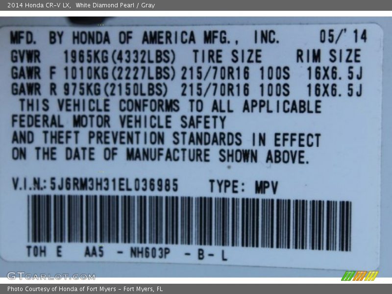 White Diamond Pearl / Gray 2014 Honda CR-V LX