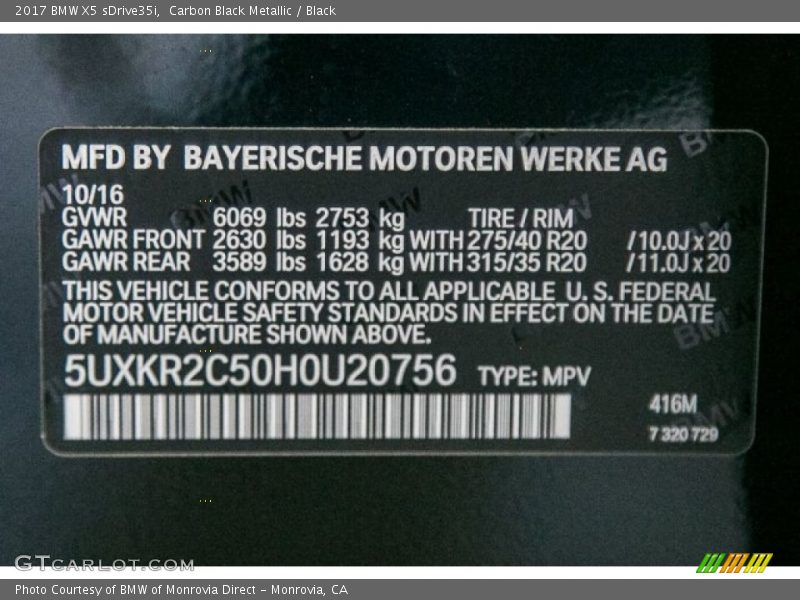 Carbon Black Metallic / Black 2017 BMW X5 sDrive35i