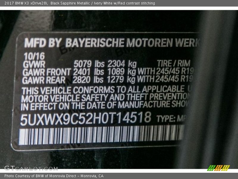 Black Sapphire Metallic / Ivory White w/Red contrast stitching 2017 BMW X3 xDrive28i