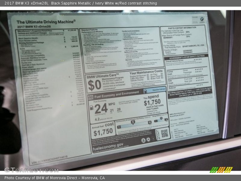 Black Sapphire Metallic / Ivory White w/Red contrast stitching 2017 BMW X3 xDrive28i