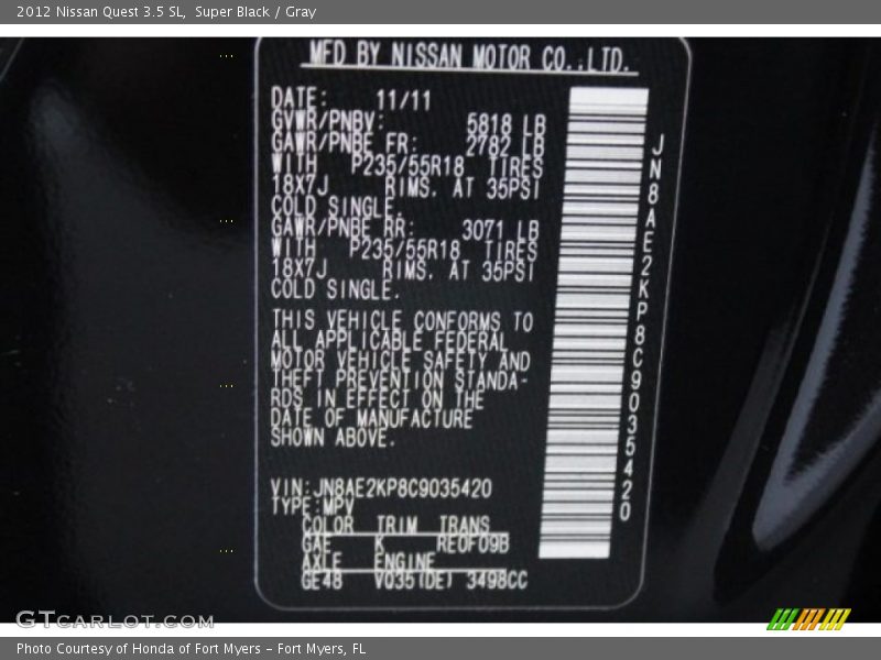 Super Black / Gray 2012 Nissan Quest 3.5 SL