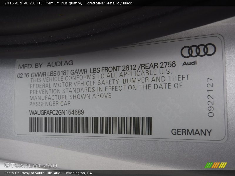 Florett Silver Metallic / Black 2016 Audi A6 2.0 TFSI Premium Plus quattro
