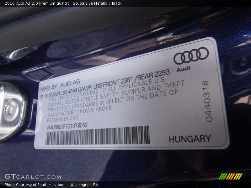 Scuba Blue Metallic / Black 2016 Audi A3 2.0 Premium quattro