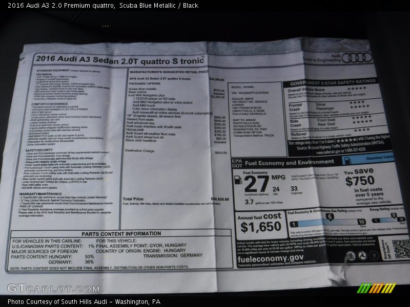 Scuba Blue Metallic / Black 2016 Audi A3 2.0 Premium quattro