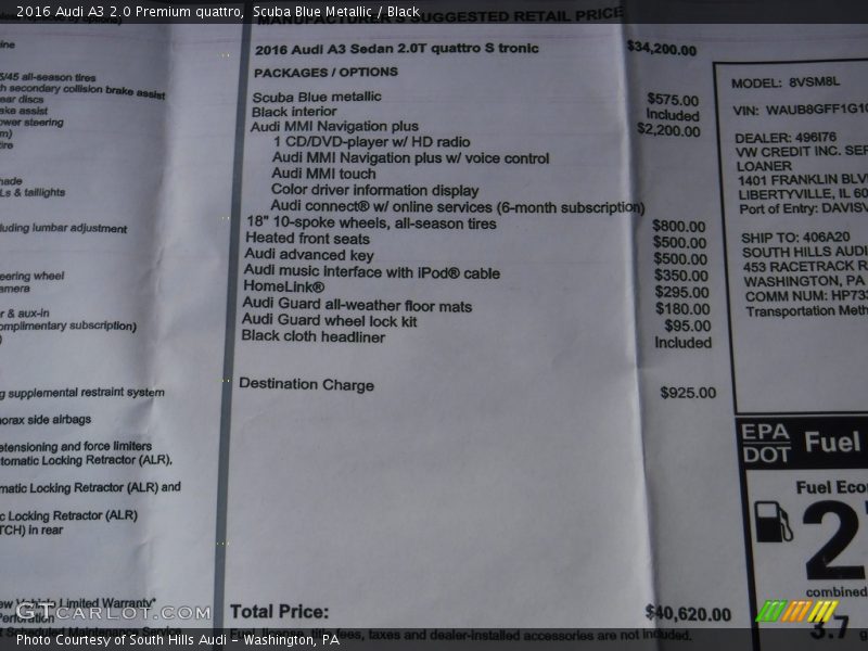 Scuba Blue Metallic / Black 2016 Audi A3 2.0 Premium quattro