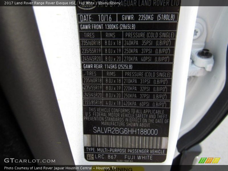 2017 Range Rover Evoque HSE Fuji White Color Code 867