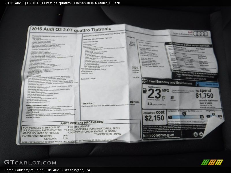  2016 Q3 2.0 TSFI Prestige quattro Window Sticker