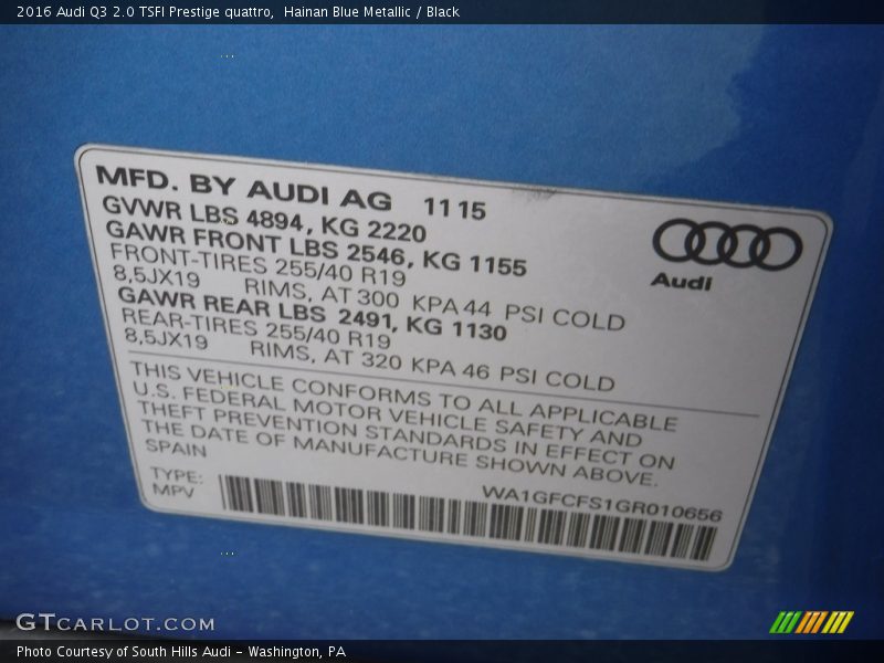 Hainan Blue Metallic / Black 2016 Audi Q3 2.0 TSFI Prestige quattro