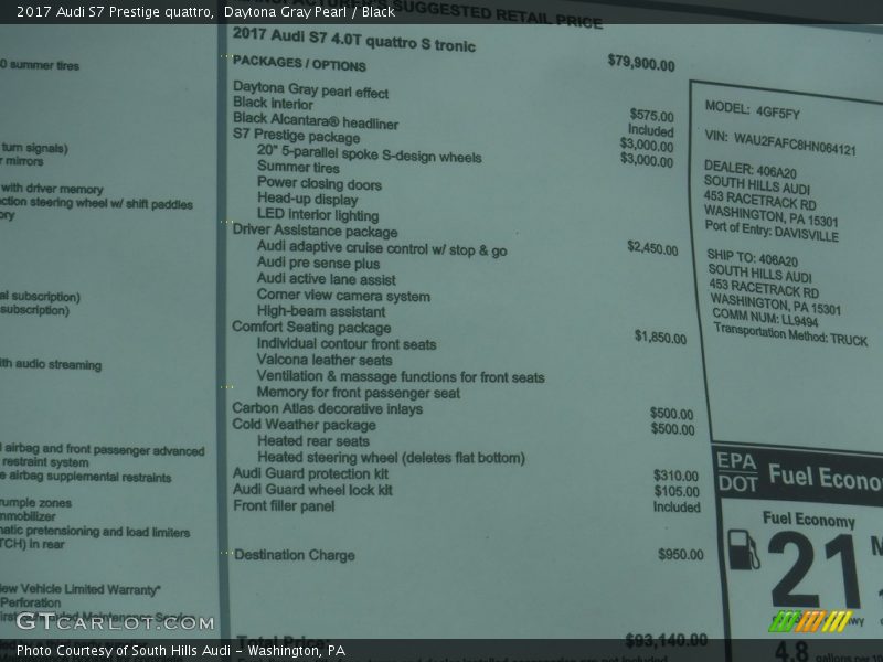  2017 S7 Prestige quattro Window Sticker