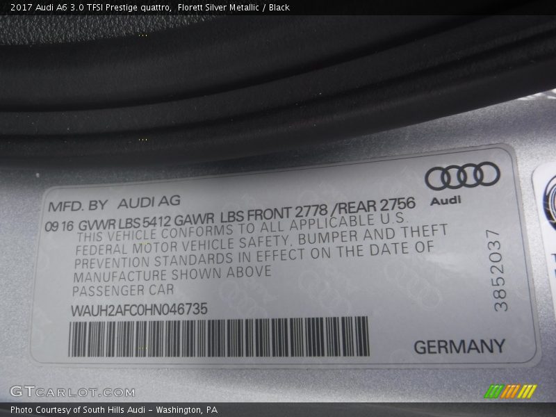 Florett Silver Metallic / Black 2017 Audi A6 3.0 TFSI Prestige quattro
