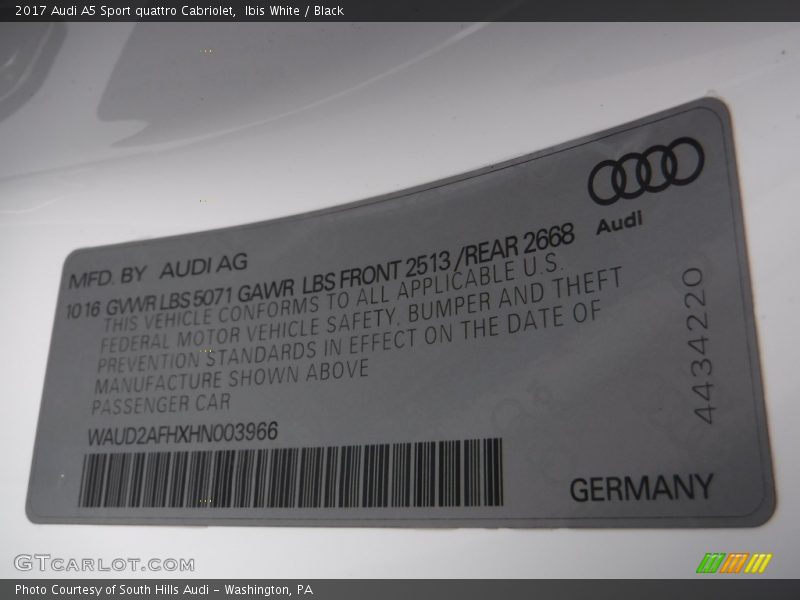 Ibis White / Black 2017 Audi A5 Sport quattro Cabriolet