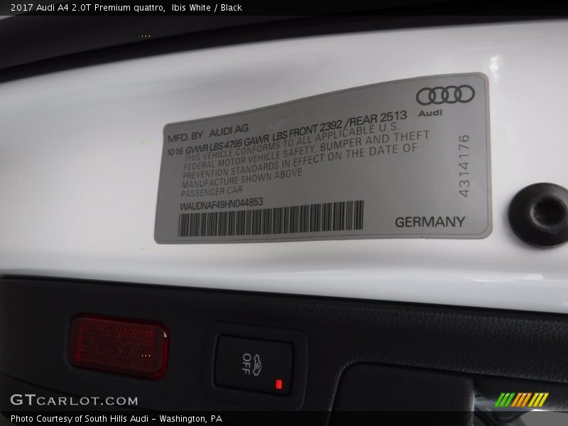 Ibis White / Black 2017 Audi A4 2.0T Premium quattro