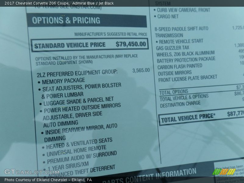  2017 Corvette Z06 Coupe Window Sticker