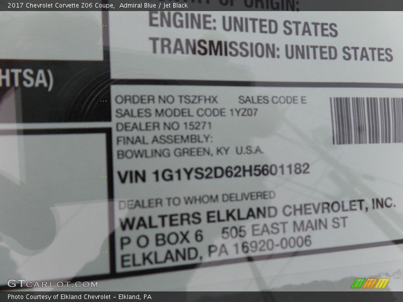 Admiral Blue / Jet Black 2017 Chevrolet Corvette Z06 Coupe