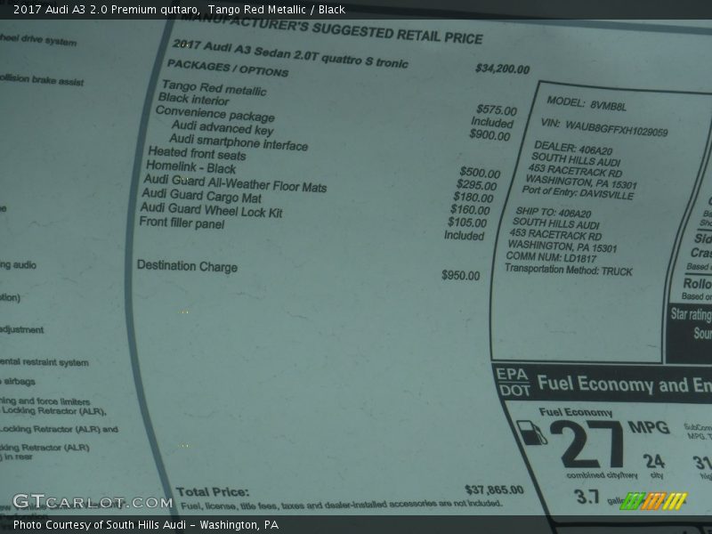 Tango Red Metallic / Black 2017 Audi A3 2.0 Premium quttaro