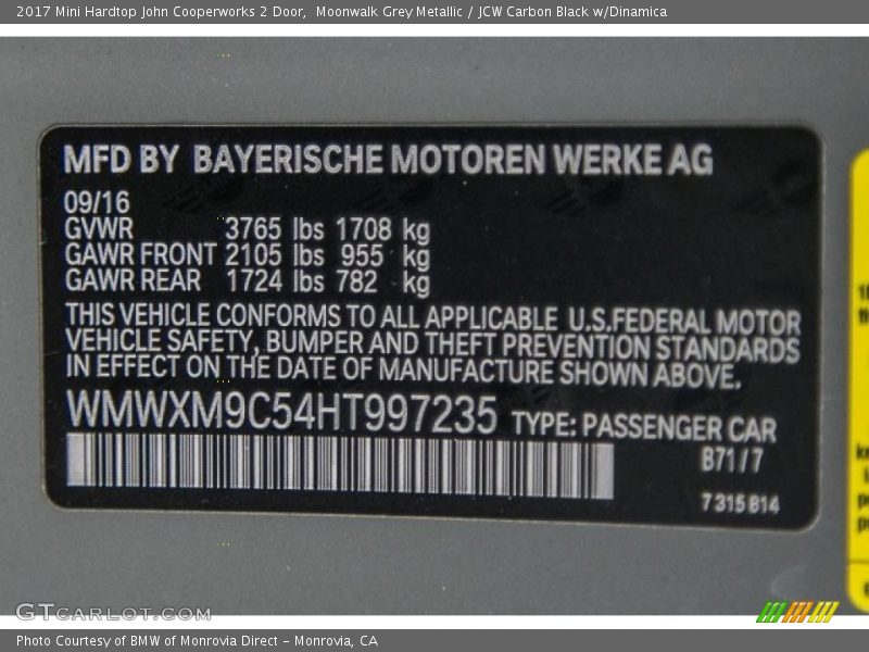 2017 Hardtop John Cooperworks 2 Door Moonwalk Grey Metallic Color Code B71