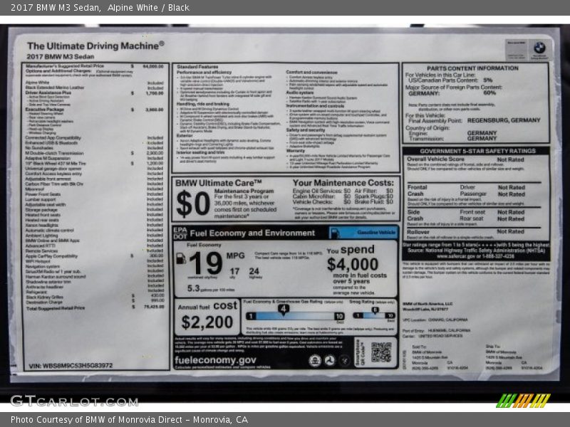 Alpine White / Black 2017 BMW M3 Sedan