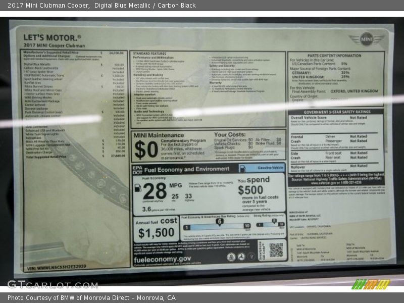 Digital Blue Metallic / Carbon Black 2017 Mini Clubman Cooper