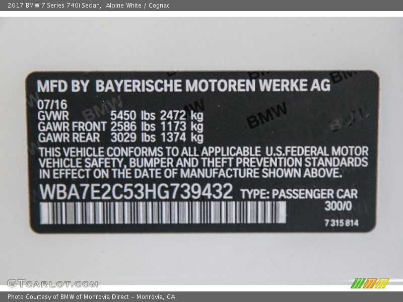Alpine White / Cognac 2017 BMW 7 Series 740i Sedan