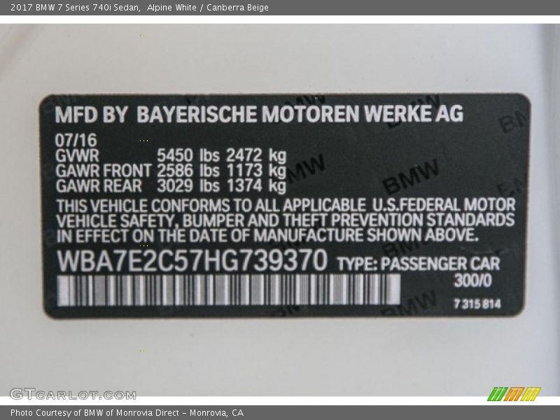 Alpine White / Canberra Beige 2017 BMW 7 Series 740i Sedan