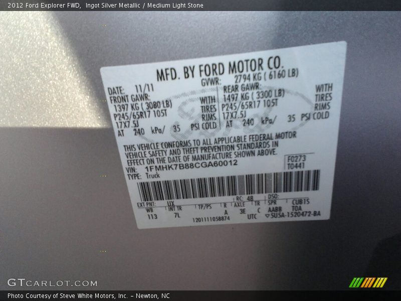 Ingot Silver Metallic / Medium Light Stone 2012 Ford Explorer FWD