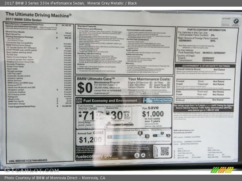 Mineral Grey Metallic / Black 2017 BMW 3 Series 330e iPerfomance Sedan