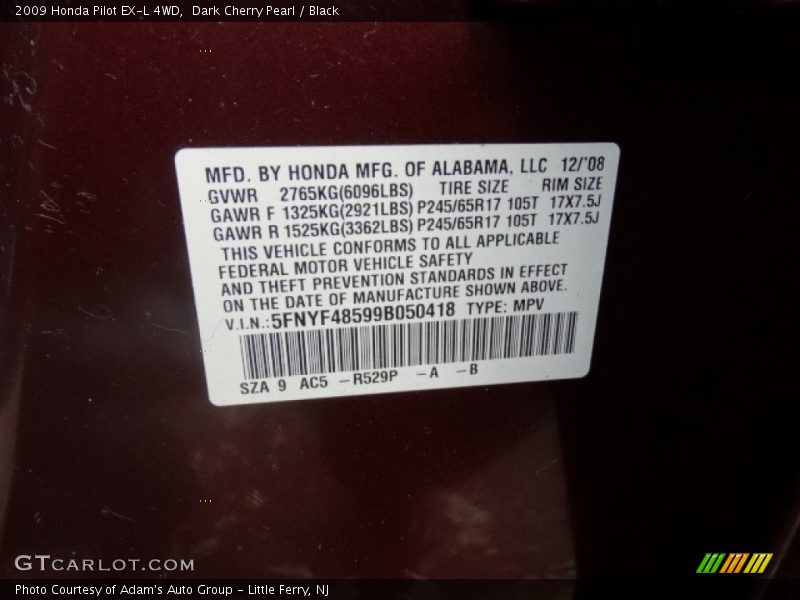 Dark Cherry Pearl / Black 2009 Honda Pilot EX-L 4WD