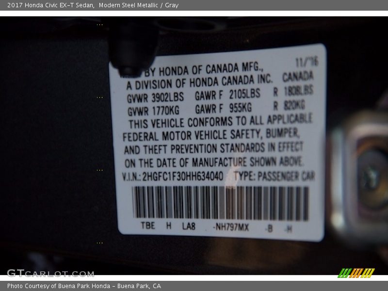 Modern Steel Metallic / Gray 2017 Honda Civic EX-T Sedan