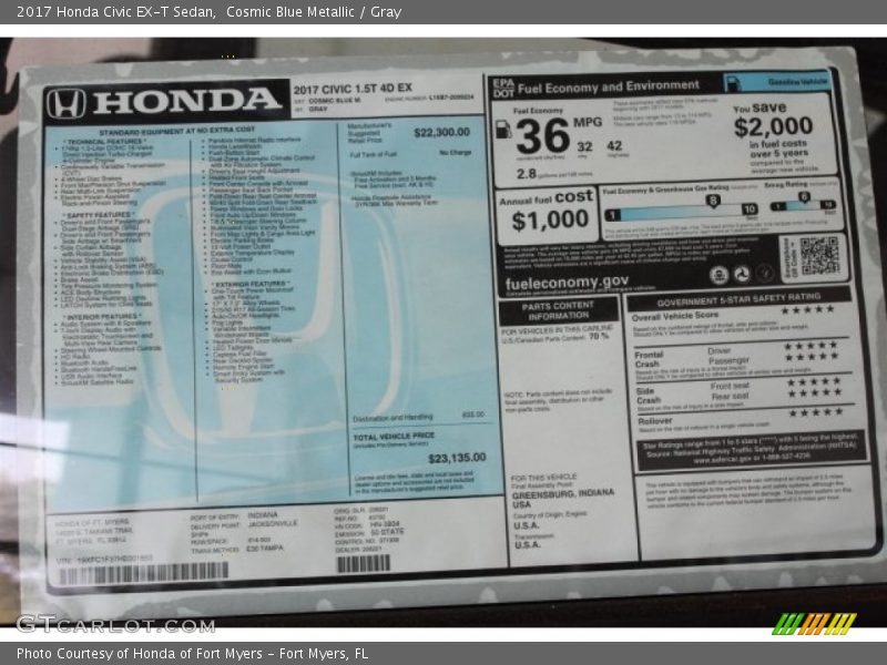 Cosmic Blue Metallic / Gray 2017 Honda Civic EX-T Sedan