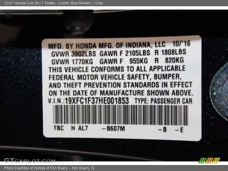 Cosmic Blue Metallic / Gray 2017 Honda Civic EX-T Sedan
