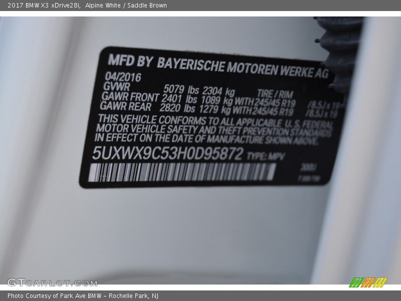 Alpine White / Saddle Brown 2017 BMW X3 xDrive28i