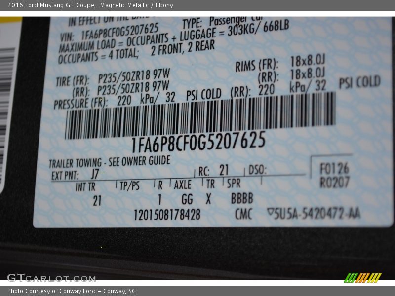 2016 Mustang GT Coupe Magnetic Metallic Color Code J7