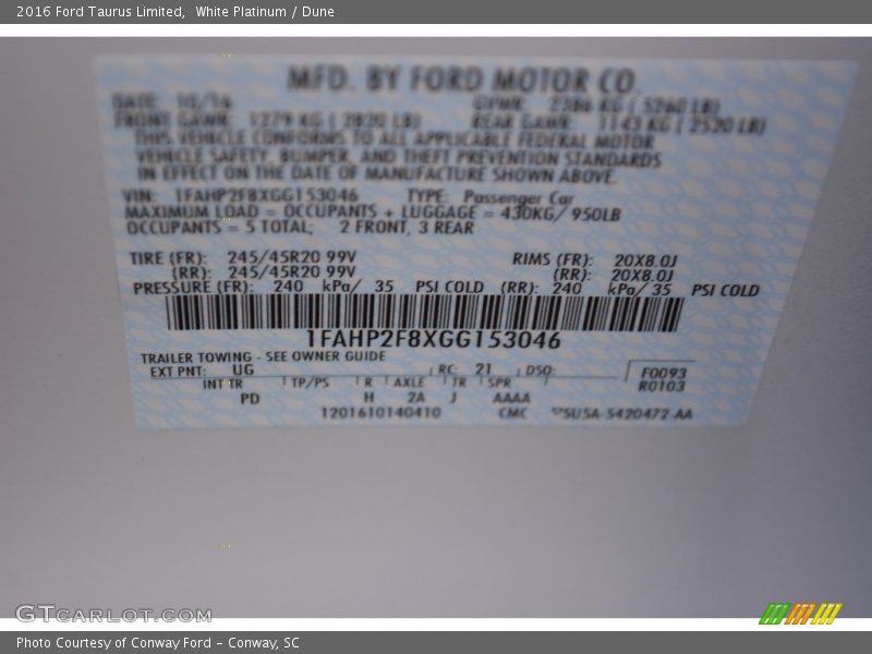 White Platinum / Dune 2016 Ford Taurus Limited