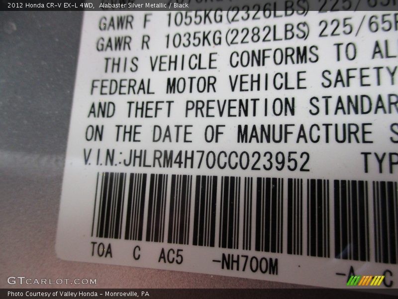 Alabaster Silver Metallic / Black 2012 Honda CR-V EX-L 4WD