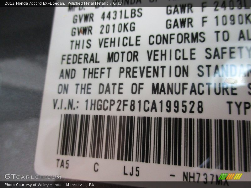 Polished Metal Metallic / Gray 2012 Honda Accord EX-L Sedan