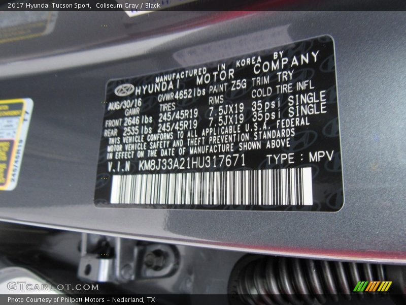 Coliseum Gray / Black 2017 Hyundai Tucson Sport