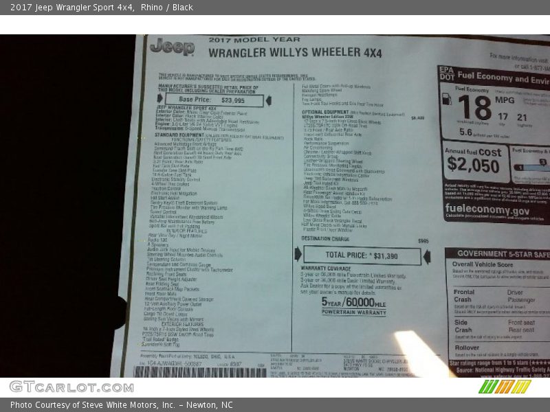 Rhino / Black 2017 Jeep Wrangler Sport 4x4