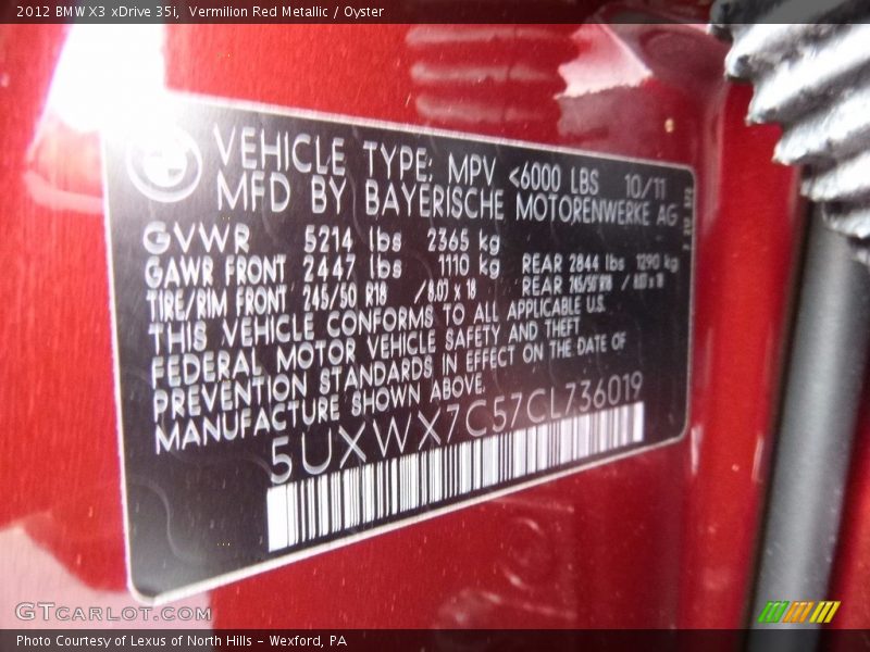 Vermilion Red Metallic / Oyster 2012 BMW X3 xDrive 35i